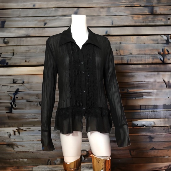 Sash Tops - Vintage Sash Women's  Semi Sheer Button Front Black Blouse Size XL